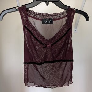 Sheer Burgundy Sleeveless Top Burgundy mesh cami top with velvet ribbon